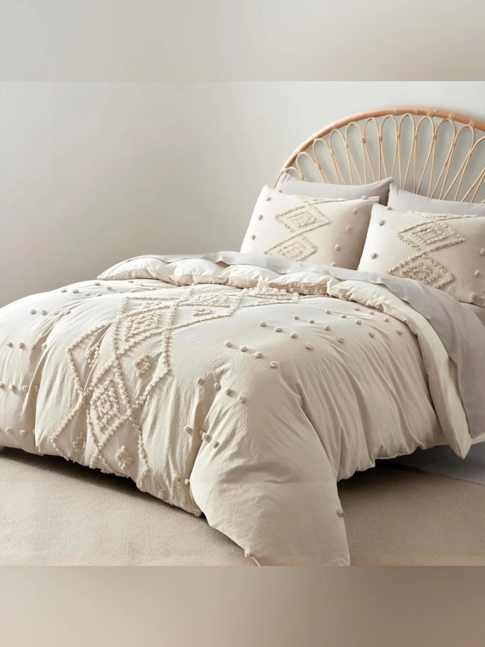 NEW Anthro Beige Cream Boho Queen / King Size Tufted Fringe Bedding Duvet & Sham